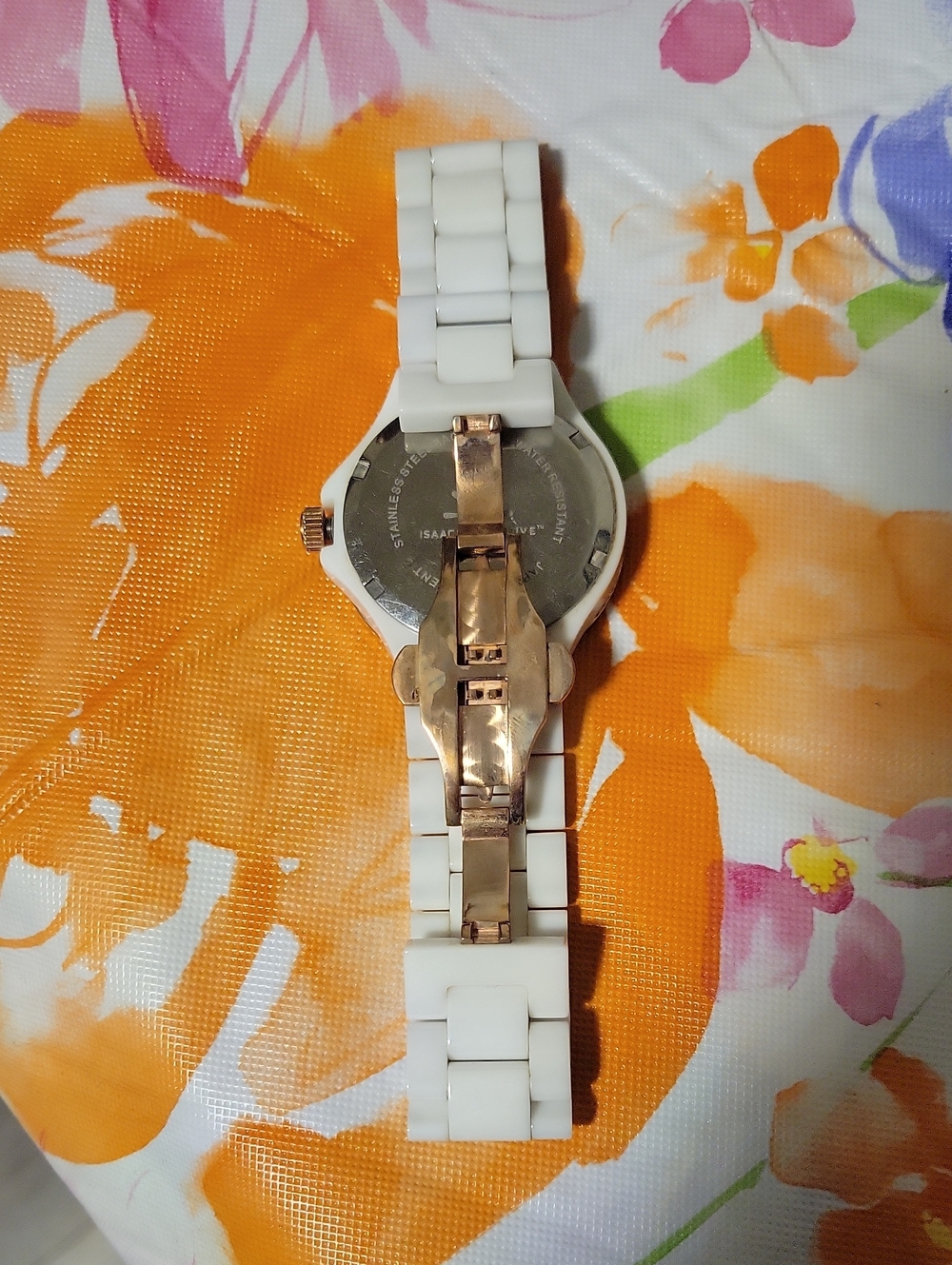 Isaac Mizrahi White Ceramic Watch with Gold Accents and Crystal Bezel - Picture 3 of 4